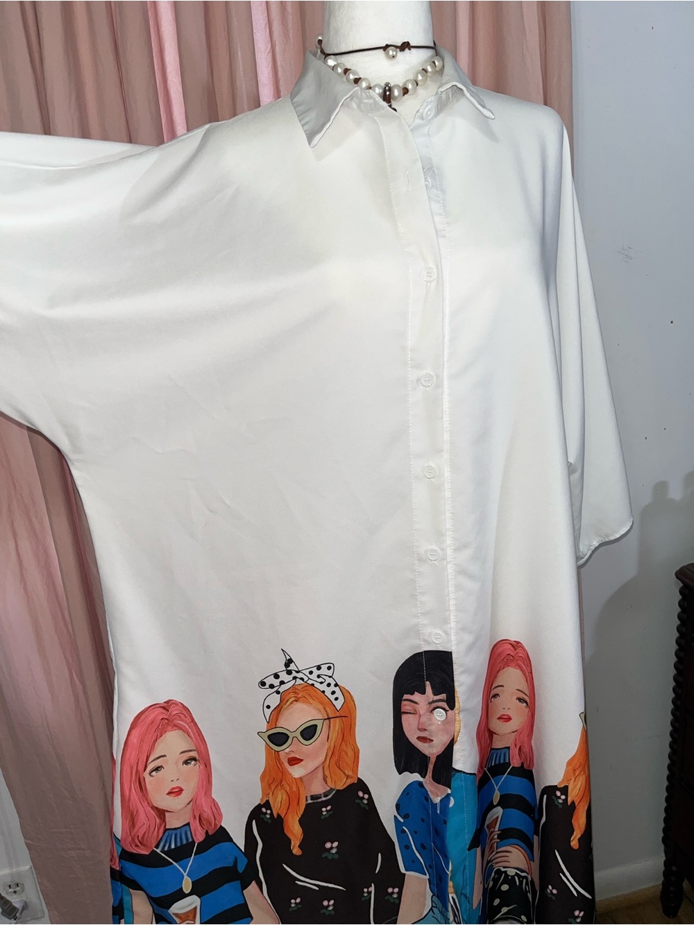 White Button-Up Shirt Dress with Illustrated Girls Print
